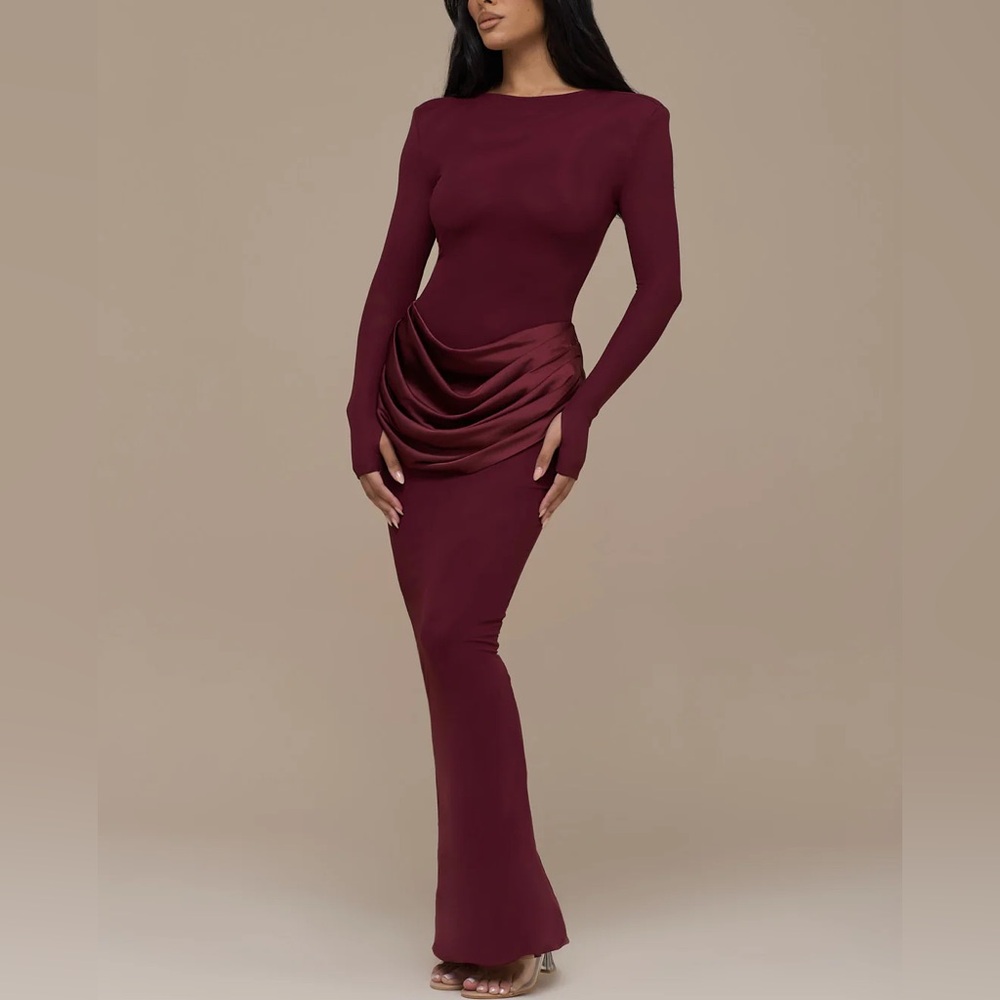 ASOS - Wanderdoll burgundy long sleeve Eman dress mesh maxi dress draped waist - Picture 7 of 14